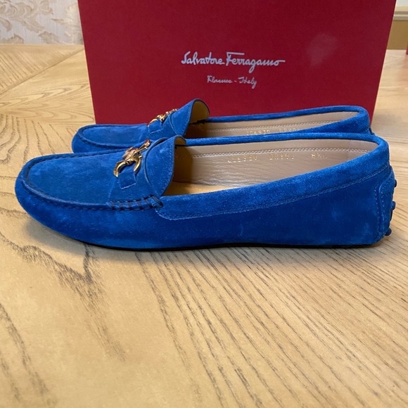 ❤️ Authentic Salvatore Ferragamo Blue Suede Loafers size 38 1/2 New in Box - Picture 7 of 9
